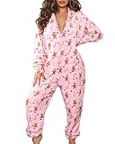 Minetom Damen Jumpsuit Kuschelig Einteiler Schlafanzug Drucken Pyjama Mit Kapuze Overall Weihnachten Schlafanzug Lang Weihnachtspyjama Hausanzug Freizeitanzug A Rosa XL