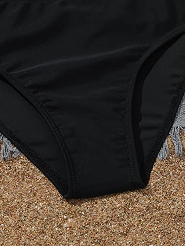 Shenhe Girl's 3 Piece Tropical Print V Neck High Waisted Bikini Swimsuit With Beach Shorts Black And White 150 #TOP2