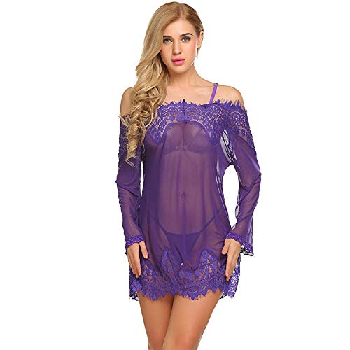 Lingerie sexy babydoll grande taille en dentelle à manches longues