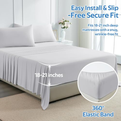 Image of Cooling Comforter King Size Set 4 Pieces, Summer Blanket with Dual-Sided Cool Tech, Deep Pocket Fitted Sheet Fits Up to 18 inch, Q-Max>0.55 Thin Comforter for Hot Sleepers, with 2 Pillowcases, Grey