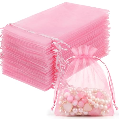 Image of FUNFERY 100Pcs Pink Organza Bags 3x4 in,Small Mesh Drawstring Gift Bag | Little Jewelry Bags for Wedding Party Favors, Mini Drawstring Pouch for Sachet, Candy, Goodie, Treat Bag for Easter Day