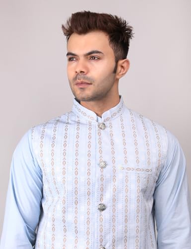 Image of Men's Cotton Silk Blend Regular Kurta Pyjama, Embroidered Nehru Jacket /Waistcoat Set
