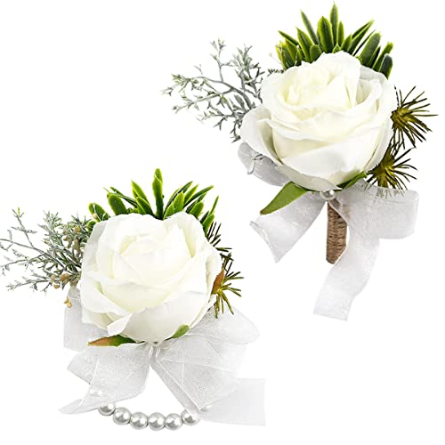 White Ivory Artificial Rose Wrist Corsage and Boutonnier Set