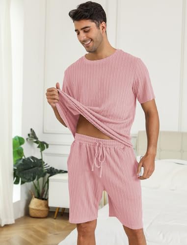 EISHOPEER Matching Pajamas for Mens Ribbed Knit Pajama Short Sleeve Soft Sleepwear 2 Pieces Set Pink2