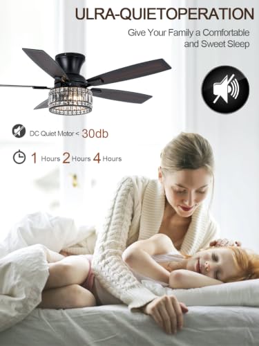 Image of 52 Inch Flush Mount Crystal Ceiling Fan with Lights and Remote | Farmhouse Fandelier Ceiling Fan Rustic Chandelier for Bedroom Living Room, 5 Dual Blades 2 E26 Sockets Reversible 6 Speeds