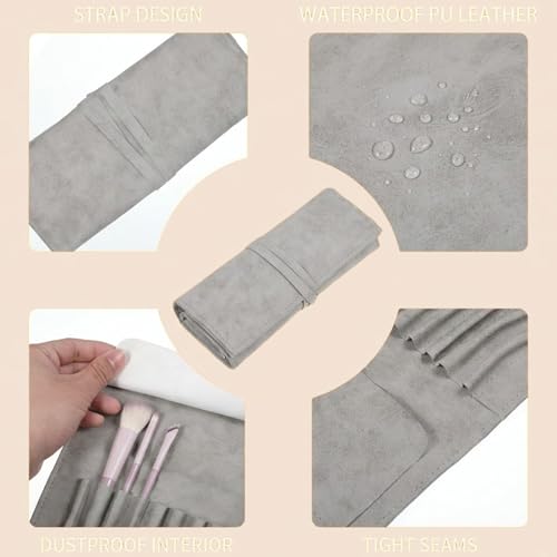 Aufrollen Make up Pinsel Tasche, PU Leder 14 Fächer Pinsel Aufbewahrung Tragbare Reise Make-up-Pinseltasche für Damen Kosmetikpinsel Aufbewahrung (Grau, Pinsel Nicht Enthalten)