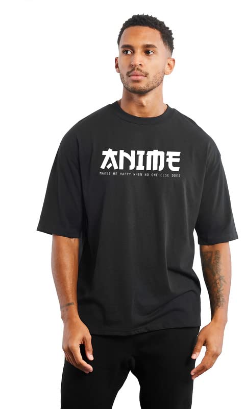 THE DUFFERS Oversized Loose Baggy Fit Drop Shoulder Half Sleeves Pure Cotton Anime Graphic Printed T-Shirt for Men