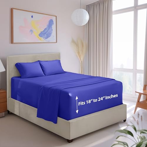 Image of Hearth & Harbor Extra Deep Pocket King Sheets Set - 4 Piece Hotel Luxury Bed Sheets Set Fits Up to 24 inch Mattress - Ultra Soft Luxury Bed Sheet Set - Soft & Breathable, Royal Blue | 4 Piece Bed Sheet Set, Ultra Soft & Breathable, Fits Up to 24 inch Mattress, Hotel Luxury