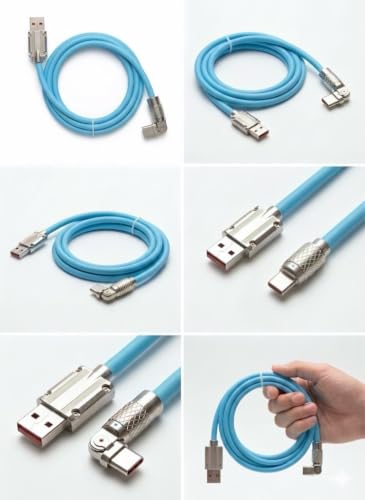 Image of 120W Fast Charging USB to Type-C Cable with 180 Rotating Head - Zinc Alloy Metal Connector, Heavy Duty Silicone Braided Data Sync Cord for Gaming & Smartphones (Blue)