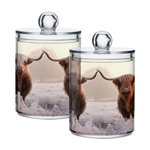 Flradish 2 Pack Plastic Cotton Swab Ball Pad Holder,10 oz Highland Cows Qtip Holder Dispenser Bathroom Organizer Clear Apothecary Jar