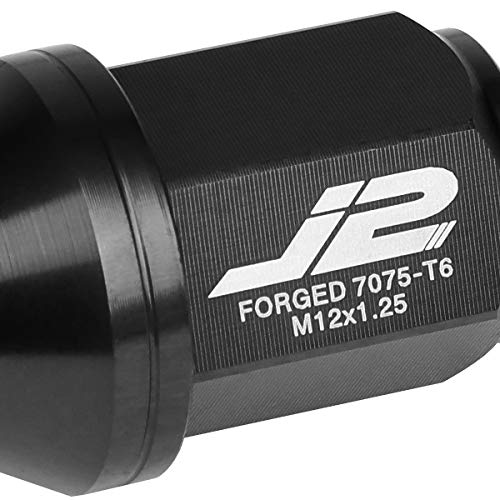 Image of J2 Engineering LN-T7-024-125-BK 20Pcs M12 x 1.25 7075-T6 Aluminum 35mm Close-End Lug Nut w /Socket Adapter (Black)