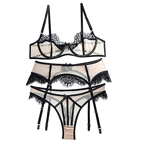 Women Lingerie Set with Garter Belts 3 Piece Lingerie Set Lace Trim Lingerie Sets Boudoir Lingerie Babydoll Black