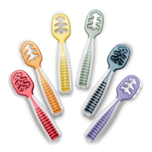 NumNum Baby Spoons Set, Baby Essentials Pre-Spoon GOOtensils for 6+ Months, First Stage Self-Feeding Spoons for Baby Led Weaning (BLW), Silicone Toddler Utensils, BPA-Free, 6 Pack Rainbow