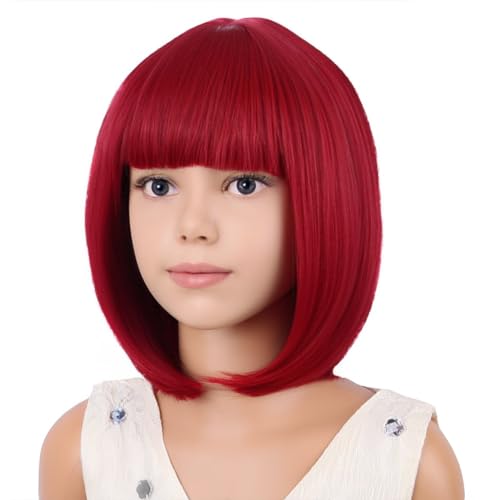 Image of PATTNIUM Kids Wine Red Wig Short Straight Bob Wig Dark Red Wigs for Girls Cosplay Party Synthetic Rose Net Daily Wear Wigs
