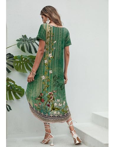 Image of Ekouaer Long Nightgowns for Women Short Sleeve House Dress with Pockets V Neck Sleepshirts Side Split Sleepwear S-4XL