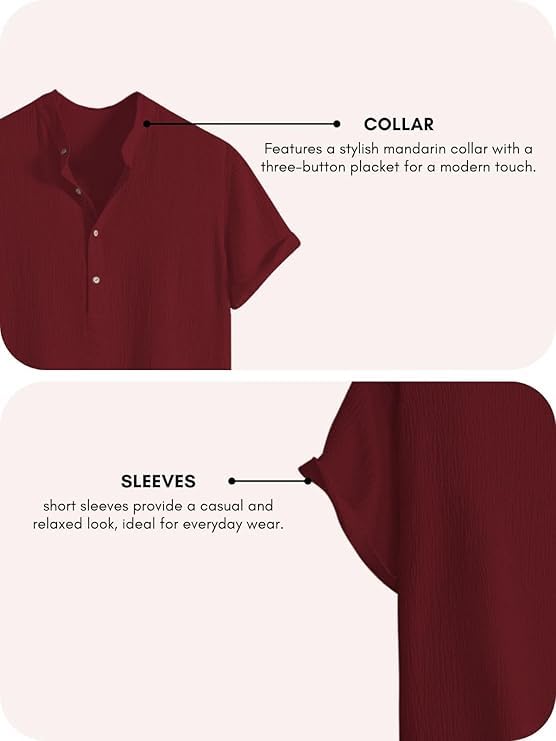 Image of LATEST CHIKAN Men's Casual Mandarian Collar T Shirts Short Sleeve Bubble Textured Short Kurta Fashion Beach Summer Kurta