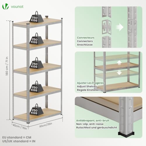 VOUNOT® 5-Tier Heavy Duty Shelving Units, Set of 2 Metal Storage Racking for Garage, Shed, Workshop & Warehouse, Freestanding Shelves, Load Capacity 1250 kg, 180 x 90 x 40 cm - Image 4