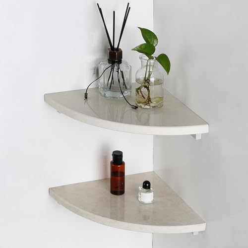 Koville Italian Marble Corner Shower Shelf for Bathroom, 10'' Marble Corner Shelves for Bath, Wall Mounted Stone Shower Caddy, No Drilling Adhesive Shower Shelf - Sahara Sand (2-Layer)