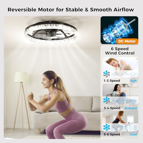 Image of Crystal Ceiling Fans with Lights and Remote, 20 inch Low Profile Flush Mount Ceiling Fan with 7 Blades, 6 Speeds, 3CCT Dimmable LED Light (3000K-6500K), Modern Fandelier Ceiling Fans for Bedroom