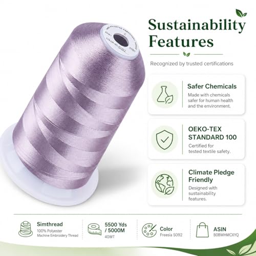 Image of Simthread 5500Yds /5000M 40WT Polyester Embroidery Thread Freesia S092 | High-yardage 5000M spool offers smooth feeding and stable 40WT polyester thread for home and commercial embroidery machines.