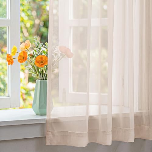 Image of NICETOWN Taupe Sheer Curtains for Kids Room, W42xL63, 2 Panels | Rod Pocket Lightweight Drapes Voile Sheer Air & Breathable Home Decor Window Treatments for Bedroom