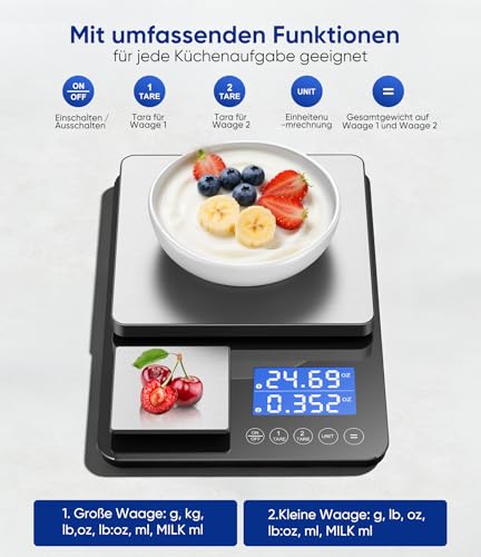 Küchenwaage Digital 15 kg / 0,01 g, Hochpräzise Zweibereichs Waage Küche mit Addierfunktion, Tara-Funktion, 7 Maßeinheiten… – Ansicht 4