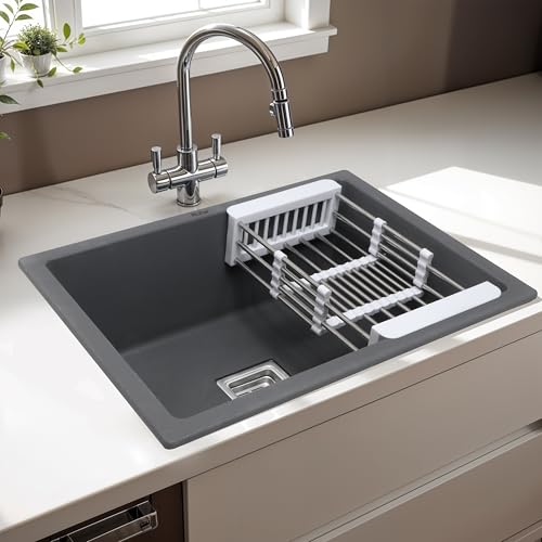 Image of Ruhe Smoke Grey Quartz Single Bowl Kitchen Sink - 24x18x9 inches | Noise-Reducing, Durable & Scratch-Resistant Kitchen Granite Sink | Sink Coupling, Waste Pipe & Vegetable Washing Basket