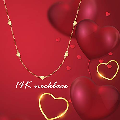 Yafeeso Solid 14K Gold Heart Necklace For Women Heart Station Pendant Necklace Love Heart Jewelry Anniversary Birthday Gifts For Her, 16+2 Inch #TOP2