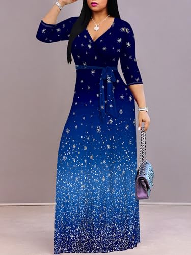 Image of Women's V Neck Floral Maxi Dress 3 /4 Sleeve Plus Size Boho Wrap Flowy Long Dresses with Belt