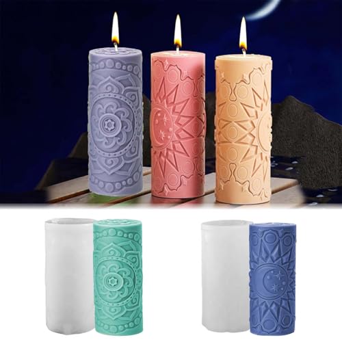 TREABEAR 2 moldes de silicona para fundición columna, cera de vela para fundir con luna y estrellas, formas cilíndricas para velas, diseño floral, moldes de silicona para la fabricación de velas