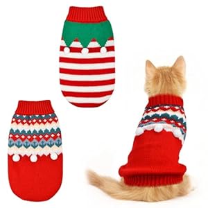 2PCS Puppy Christmas Sweater Cat Turtleneck Knitwear Xmas Elf Outfits Dog Warm Clothes Sweater for Kitties Puppies M
