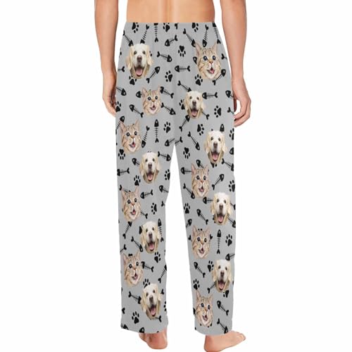 Personalized Dog Cat Photo Face Pajama Pants for Men Custom Dog Paws Fish Bones Pajama Sleepwear Bottoms with Pockets2