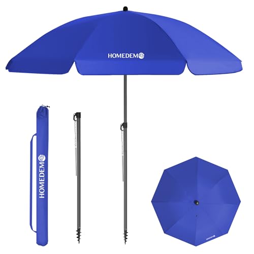 HOMEDEMO Sonnenschirm Strandschirm, Ø 160 cm Gartenschirm Marktschirm, Terrassenschirm mit Bodenhülse & Drehstange & Schutzhülle, Blau rund Sonnenschutzschirm UV50+ Schutz