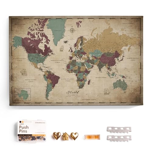 Carte du monde en toile avec liège de 120x80 cm pour punaises décoratives