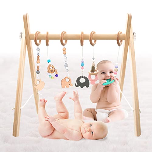 Image of LAVIELLE Wooden Baby Gym with 6 Premium Teethers | Foldable Play Gym for Motor Skills Development | Baby Activity Gym Center for Nursery, Montessori