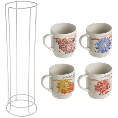 Dolly Parton Set of 4 Jeweled Mosaic Stackable Coffee Tea Porcelain Mugs with Metal Countertop Storage Rack, Mugs Microwave and Dishwasher Safe, 14 Ounce by Dolly Parton - Used condition - US$21.42