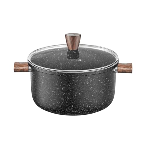 両手鍋 卓上鍋 鍋 蓋つき ガス火 IH対応 ガス対応 一品万能 煮る 焼く 炒める 揚げる 焦げ付きにくい お手入れ簡単 ガラス蓋付 しゃぶしゃぶ カレー おでん 麦飯石製スープ鍋 家庭用煮込み鍋 こびりつきにくい (26CM ノーブルブラック + スー