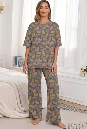 Image of PrinStory Womens Pajamas Sets 2 Piece Lounge Set Short Sleeve Tops and Long Pants Soft Pjs Loungewear with Pockets