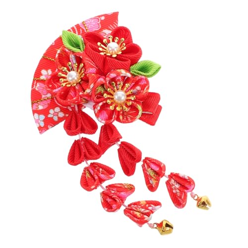 ULTECHNOVO 和風細工花簪 流蘇扇子ヘアピン 伝統美を纏う髪飾り レディース用 造花タッセル付き 日常 パーティー 結婚式 成人式に適合