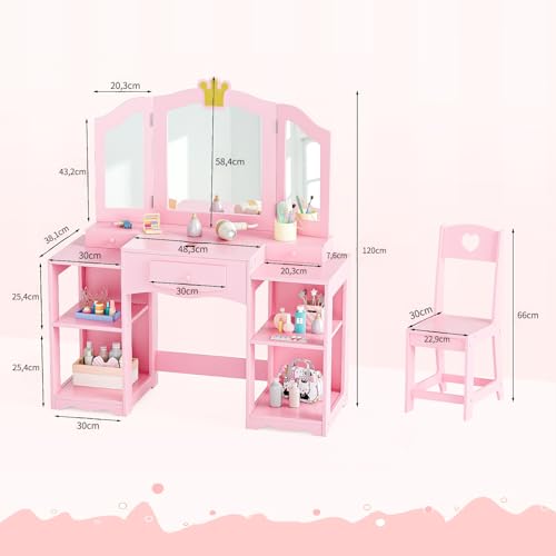 Bonnlo Schminktisch mit Hocker und Abnehmbarer Spiegel, Kindertisch mit Aufbewahrungsboxen und offenen Fächern, für Mädchen ab 3 Jahren, Rosa
