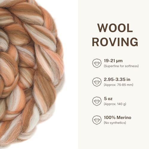 Image of DICHA Fine Merino Wool Roving - Hand-Dyed in Stunning Color Blends for Needle Felting, Wet Felting, Spinning, and Weaving - Soft Combed Top Fiber - 5oz - Mocha Caramel