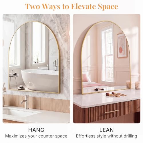 Image of Sweetcrispy 30 inchx40 inch Arched Gold Bathroom Mirror, Bathroom Mirrors for Over Sink, Modern Wall Mirrors Arch Decorative for Entryway, Bedroom, Vanity,Horizontal or Vertical Hanging