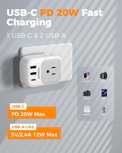 Image of TESSAN Italy Travel Plug Adapter PD 20W, Type L Adapter for Travel with 4 Outlets 3 USB Ports (1 USB-C), Power Adaptor for US to Italy Chile Rome Uruguay Milan Libya