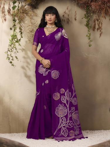 Image of AKHILAM Women's Kanjivaram Pure Silk Floral Printed Saree With Unstitched Blouse Piece
