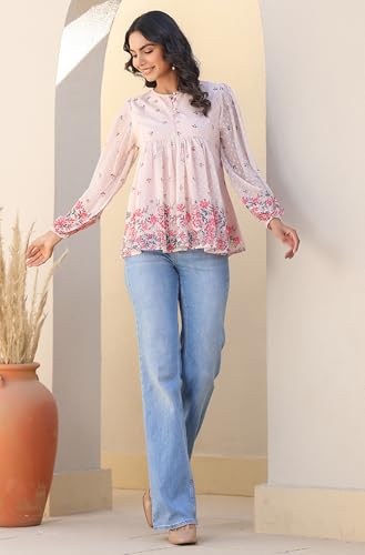 Image of Janasya Women's Peach Georgette Floral Print Flared Top