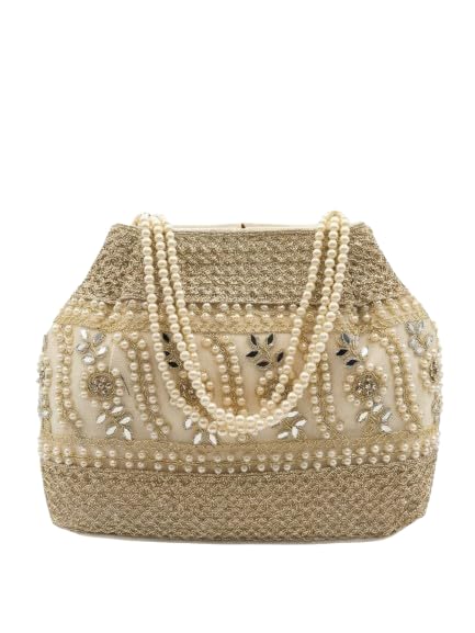 Silk Blend Potli Bags for Ladies for Wedding with Faux Pearl Beaded Handle Zari Embroidery Mirror Work Magnetic Closure-image-47