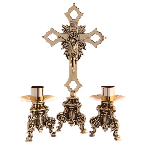 Altar Set with Byzantine Cross and Baroque candlesticks, Brass
