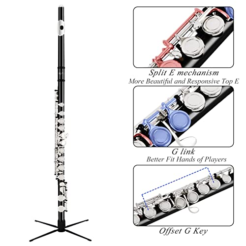 Vanphy Closed Hole C Flute For Beginners Kids Student, 16 Keys Nickel-Plated Flutes - Musical Instrument With Case, Stand, Cleaning Cloth, Gloves, Tuning Rod (Black) #TOP2