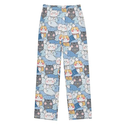 Cartoon Cat Fishes Boys Long Pants Soft Trousers Elastic Waist Kids Lounge Bottoms with Pockets S-XL