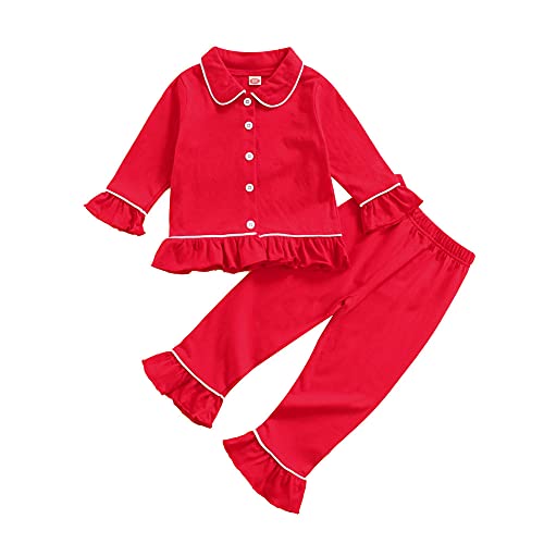 Toddler Kids Baby Girl Solid Pjs Ruffle Long Sleeve Button Shirt Top and Pants Cotton 2Piece Pajamas Set